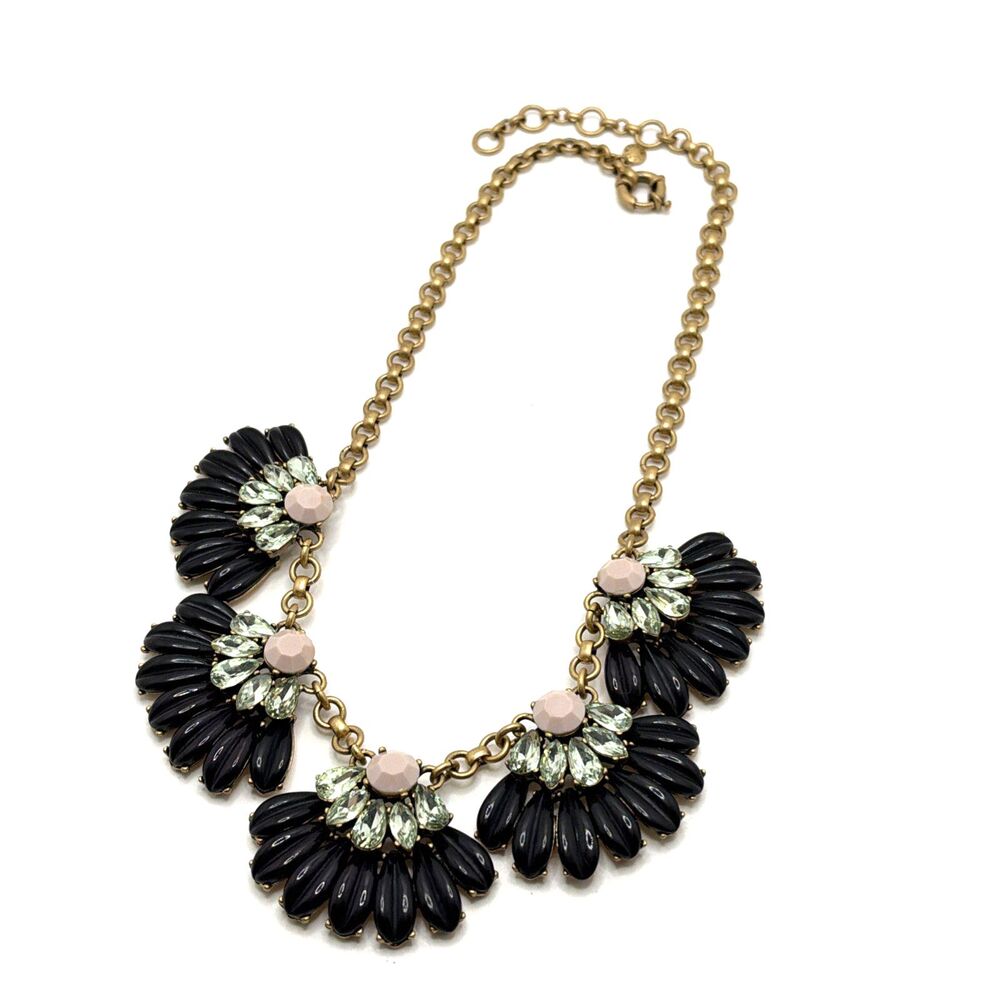 J. CREW Crystal Fan Necklace Black Green Pink Gold Tone Statement 19" to 21"